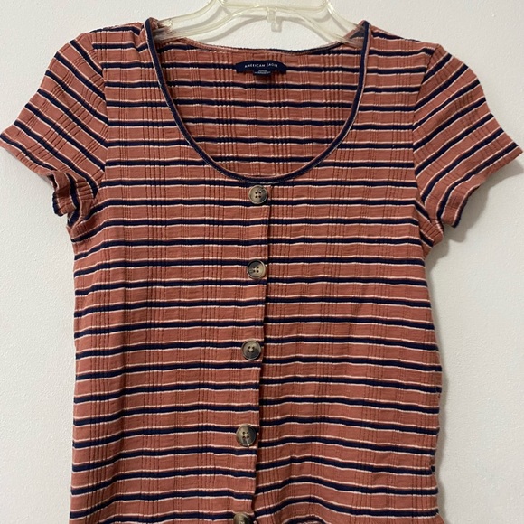 American Eagle Outfitters Tops - American Eagle Outfitters Rust and Navy Striped Button-Down Shirt